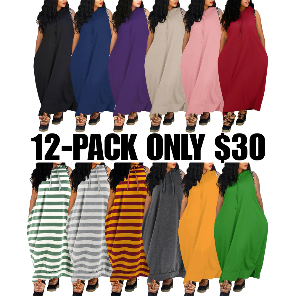 Women's Plain Drawstring Hooded Tank Dress, Casual Basic Pocket Sleeveless Dress