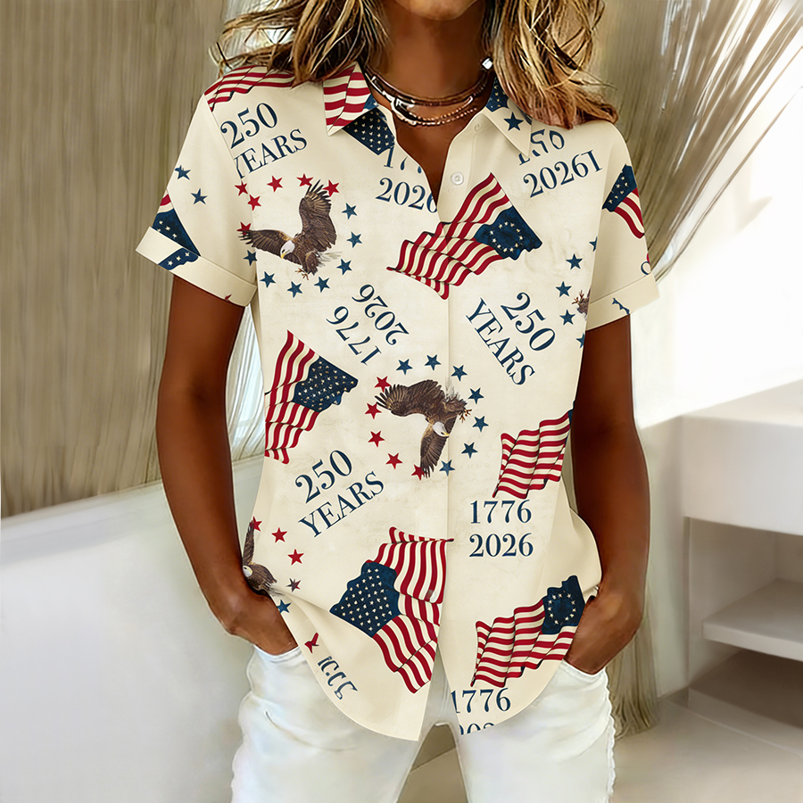 Ladies' Casual Commemorative American Flag Eagle Lapel Short Sleeved Shirt