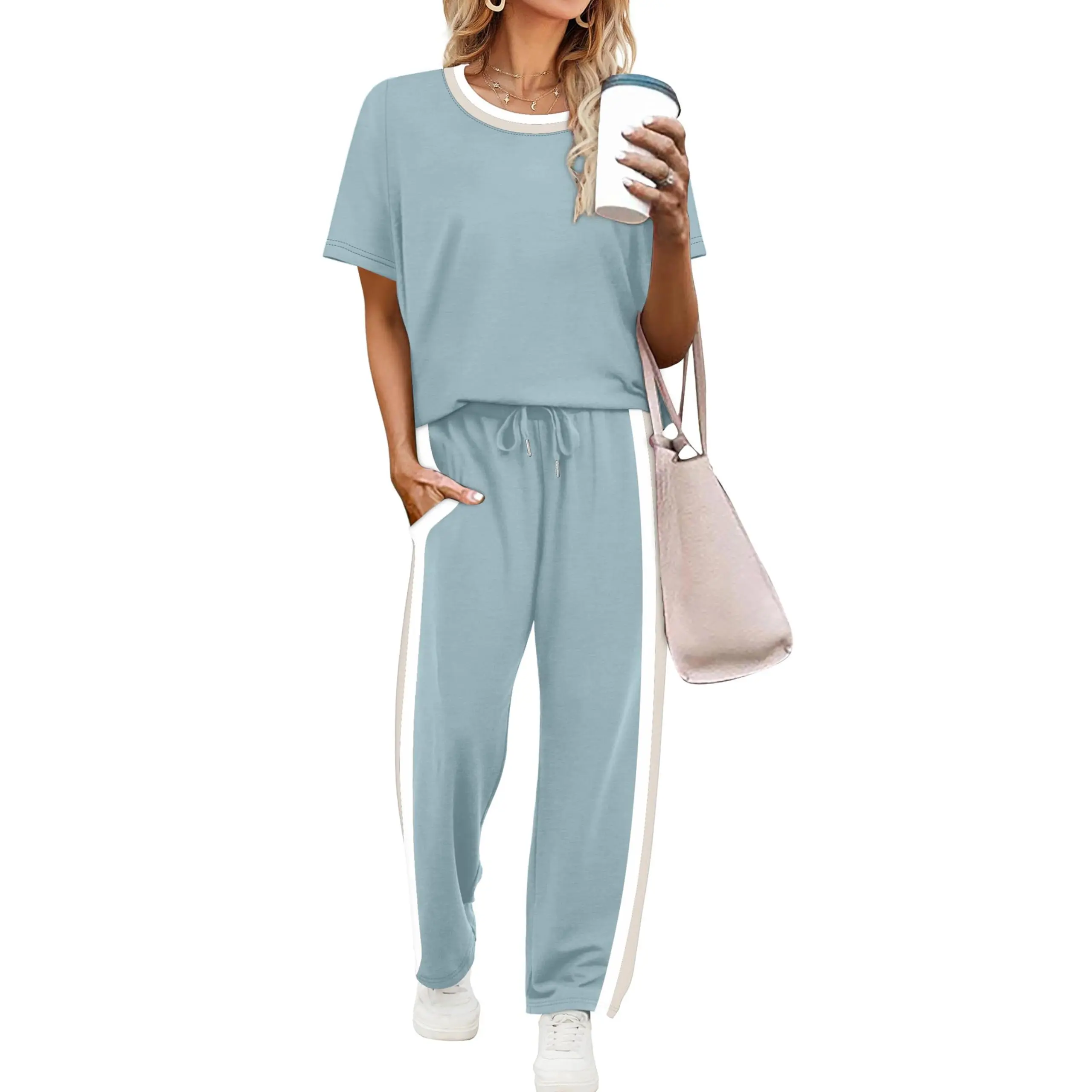 2 Piece Lounge Sets for Women Matching Set Summer Outfits Short Sleeve Tops Wide Leg Pants with Pockets