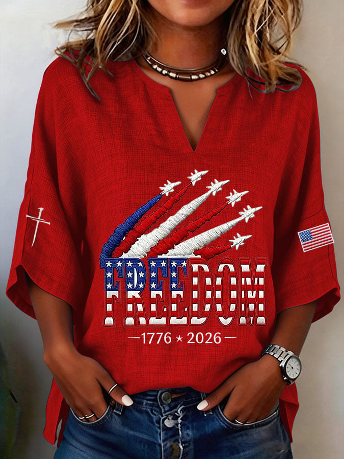 Women's Retro Freedom American Flag Cross Printed Casual Shirt