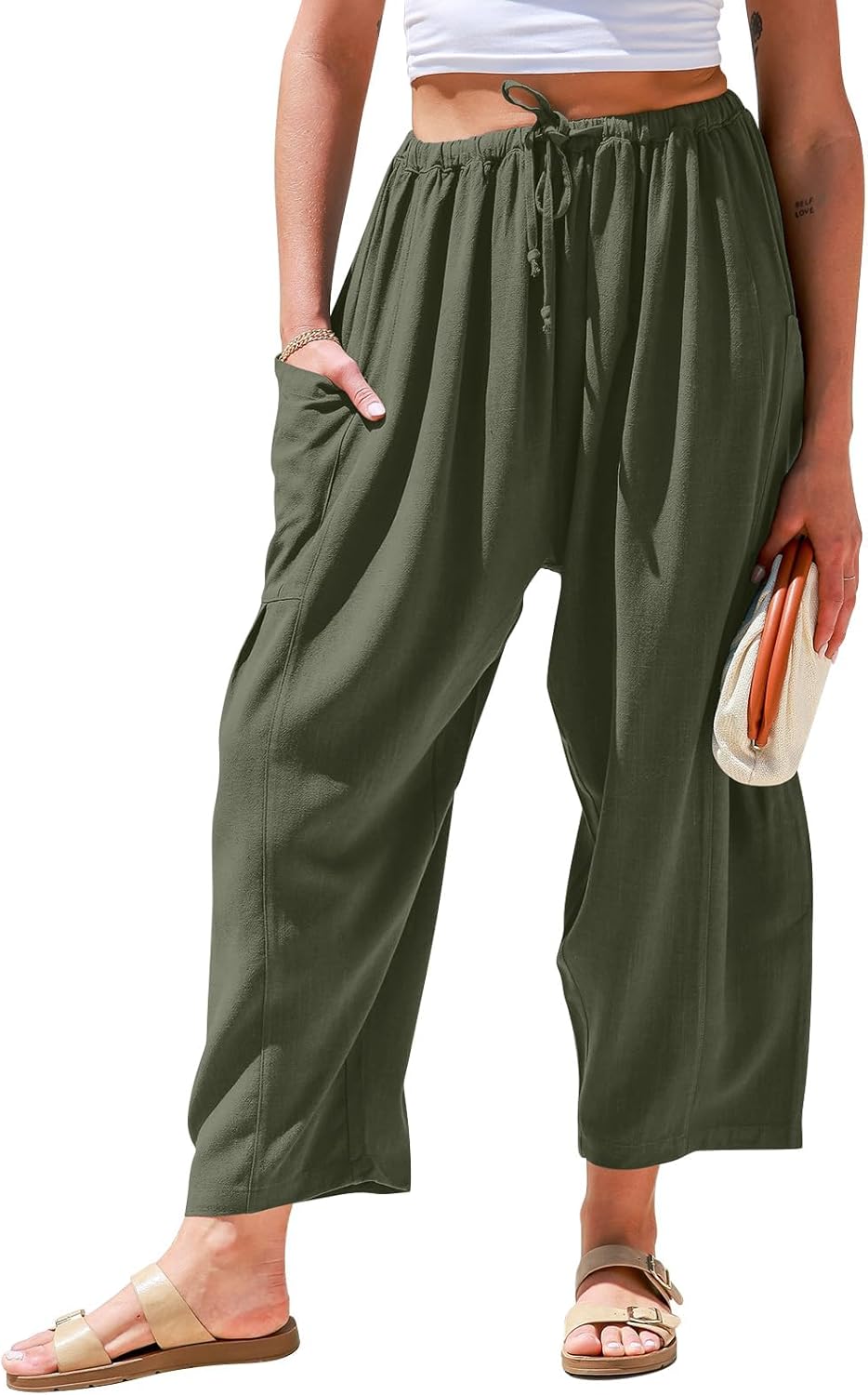 Womens Linen Wide Leg Pants Casual Loose Drawstring Summer Beach Travel Vacation Palazzo Harem Pants with Pockets