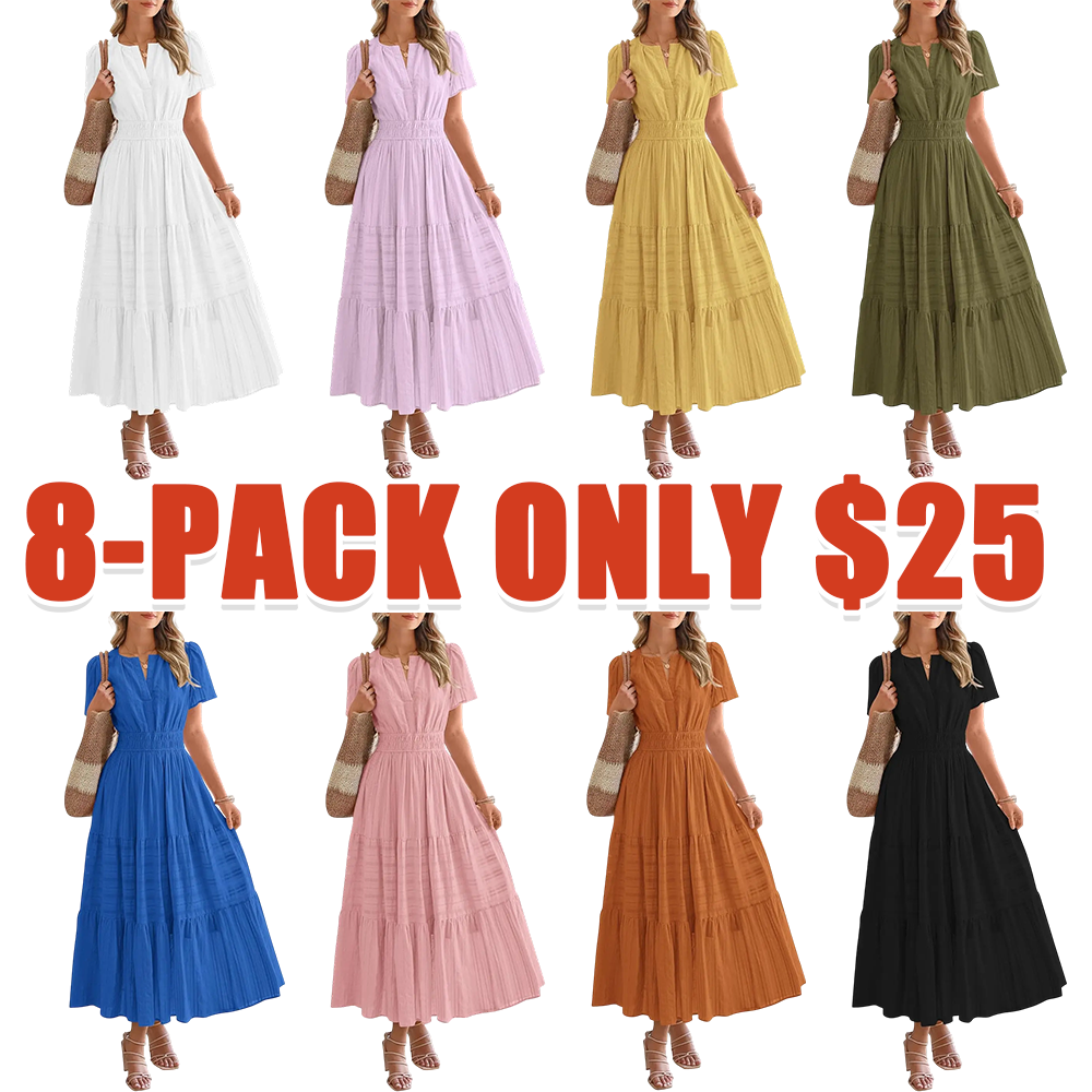 Women's Casual V-Neck Boho Maxi Dress with Pockets