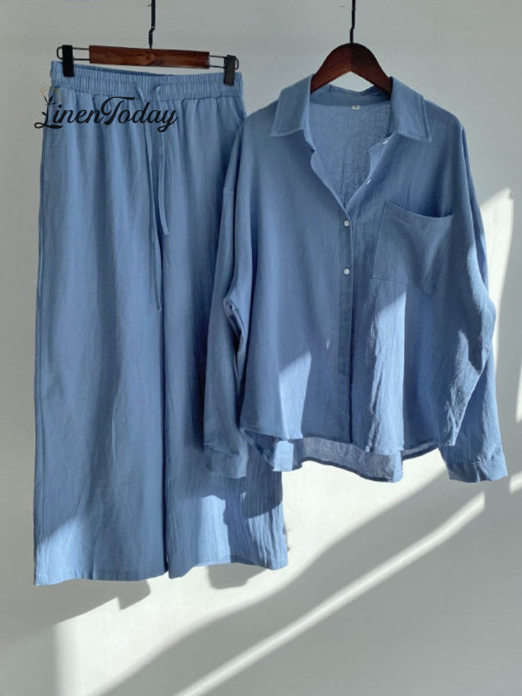 Women's Solid Color Loose Elegant High Waist Casual Cotton And Linen Suit