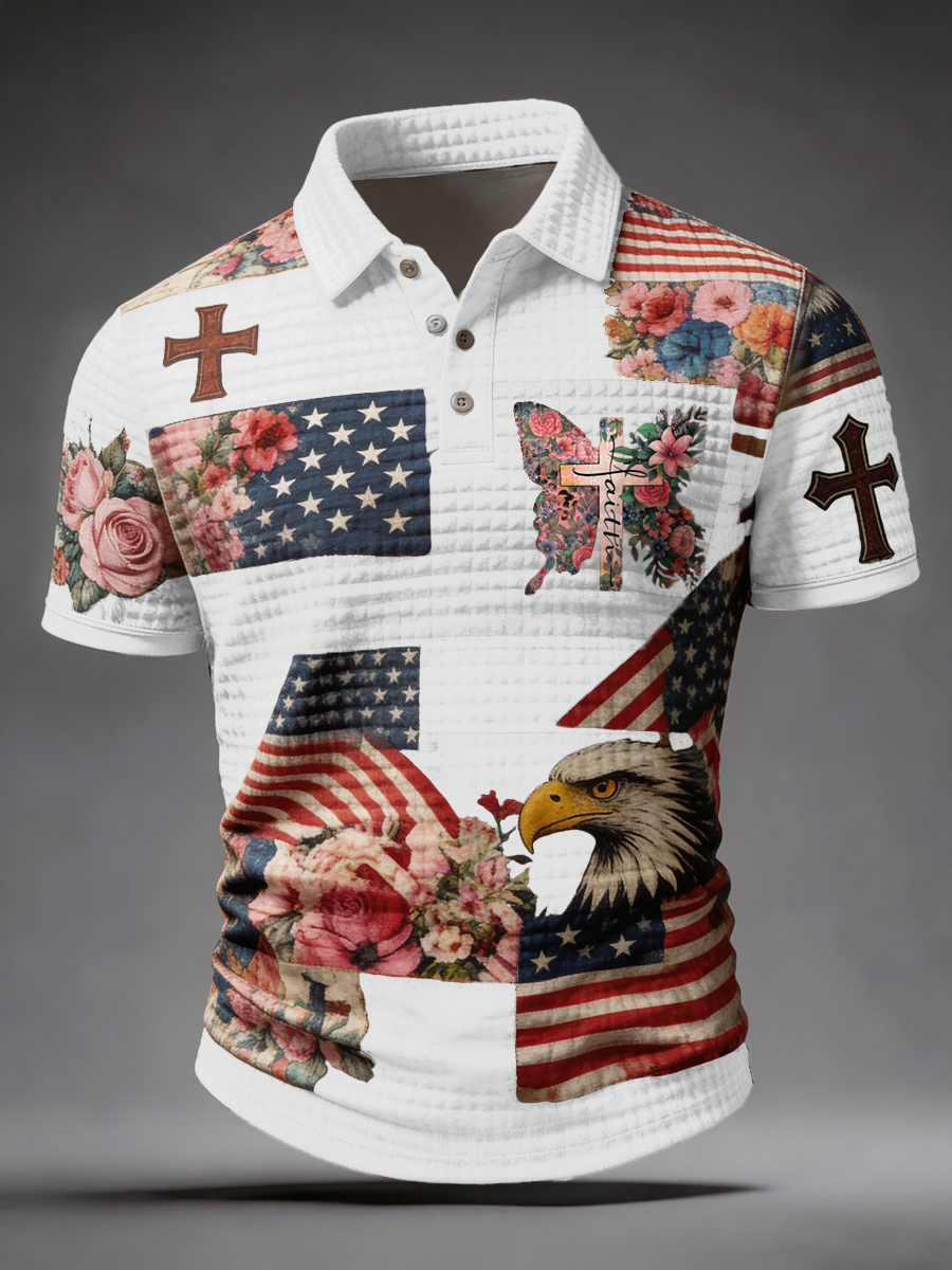 Patchwork American Flag Eagle Faith Cross Waffle Polo Shirt