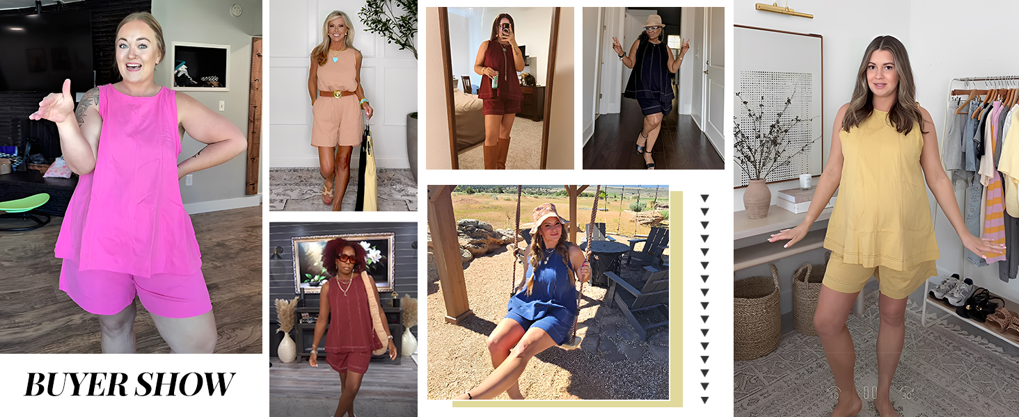 Womens 2 Piece Outfits Sleeveless Matching Sets A Line Tank Tops Contrast Stitching High Waist Shorts with Pockets