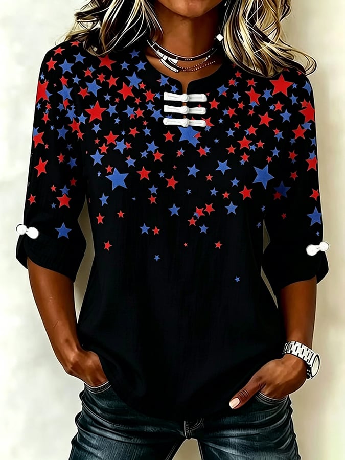 Women's Retro America's 250th Anniversary American Flag Print Button-Up Top