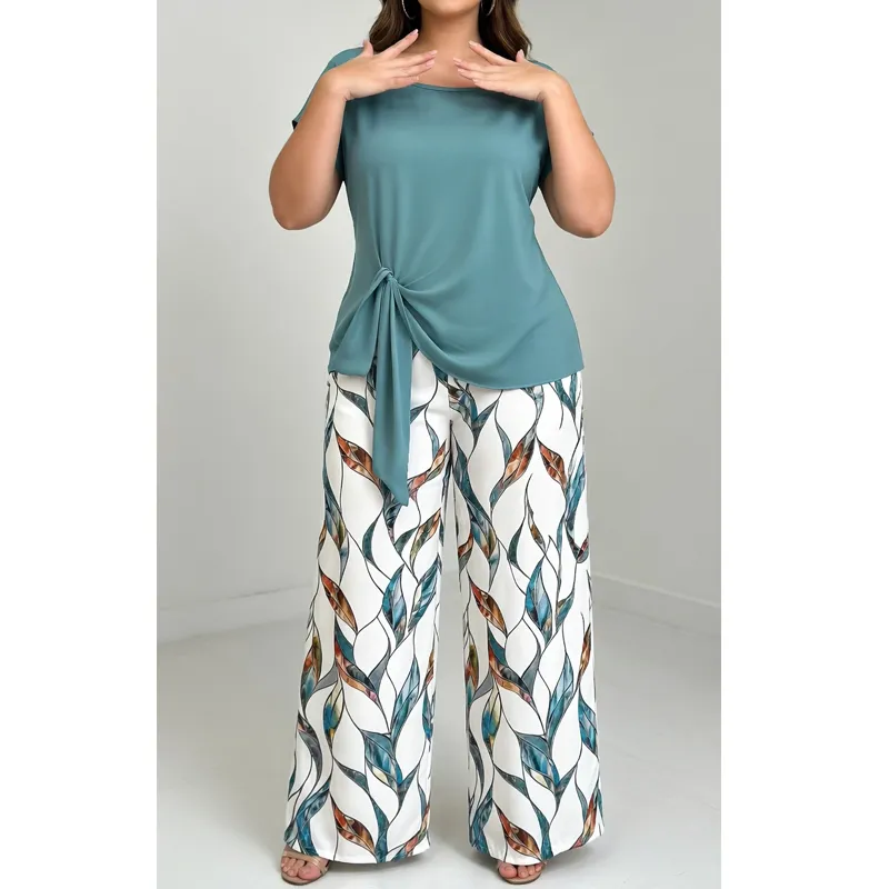Women's Casual Printed Necktie Shirt and Loose Straight Pants Set