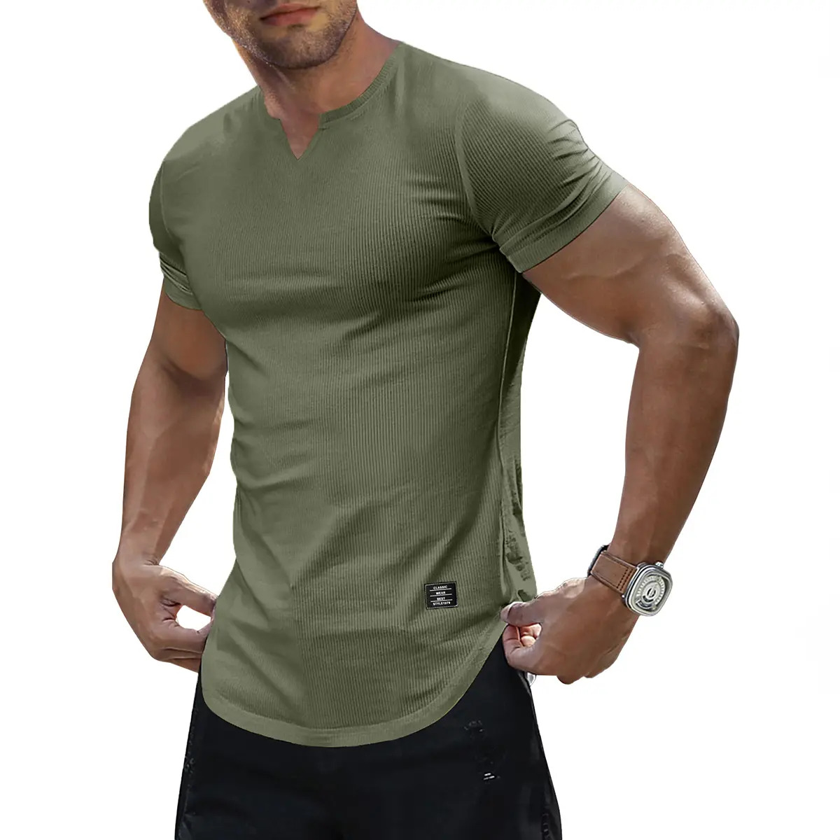 Men's Solid-Color Slim-Fit Long V-Neck T-Shirt