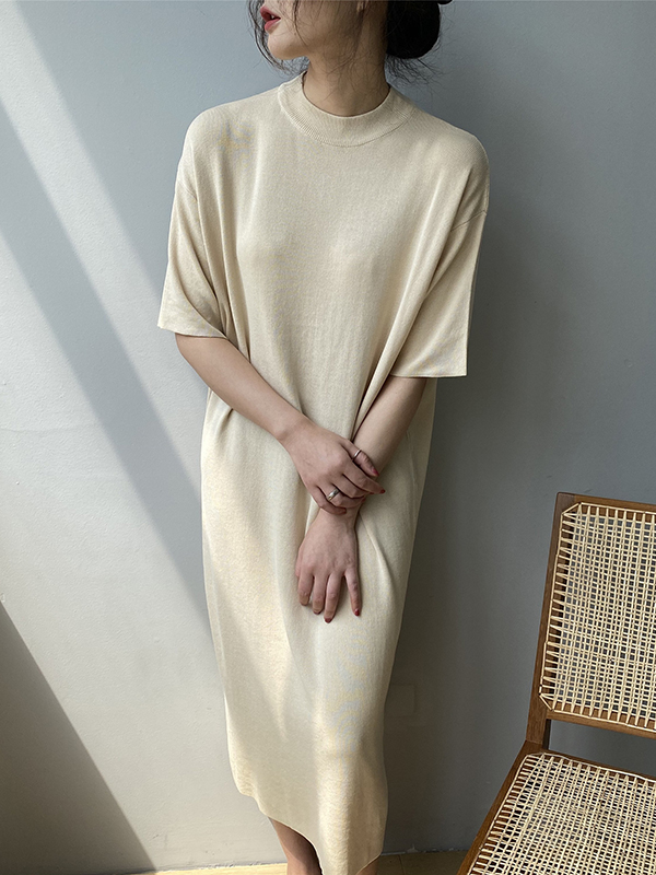 Solid Color Split-Joint Loose Short Sleeves Round-neck Sweater Dresses Midi Dresses