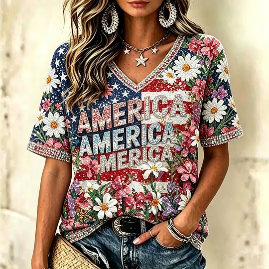 Women's American Flag And Floral Sequin Print T-shirt