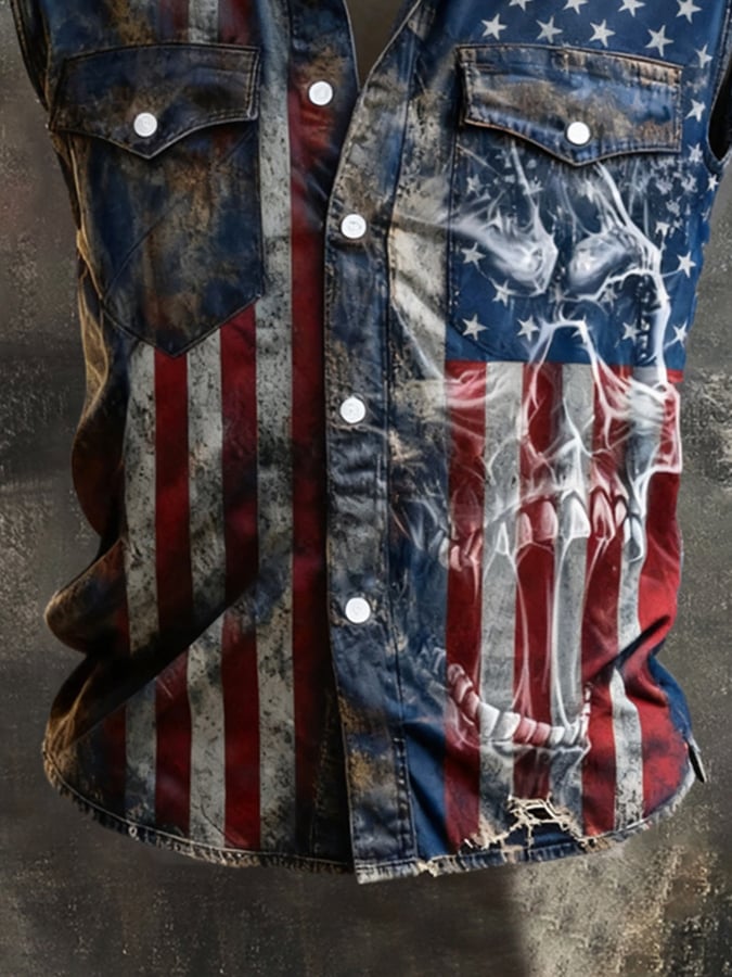 Men's Retro Patriotic Color-Block Printed Sleeveless Shirt