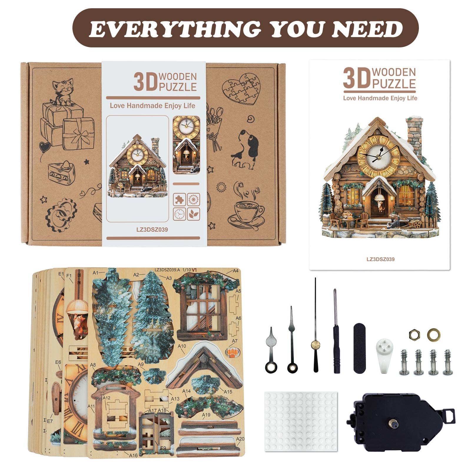 Swiss Chalet DIY Wooden Clock, 3D Puzzle Craft Kit