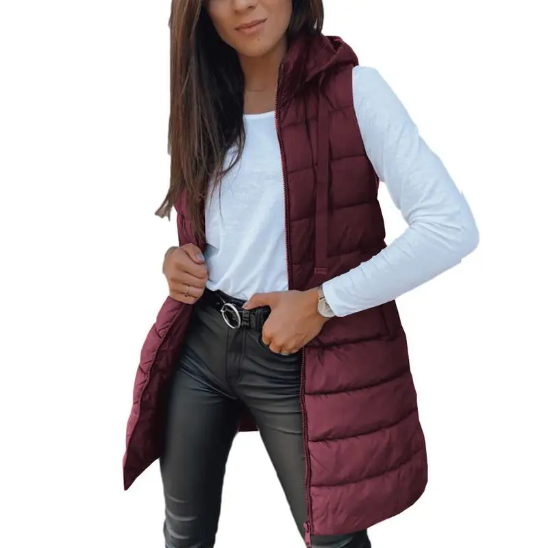 Women Long Vest Solid Color Sleeveless Hood Winter Puffer Vest Outwear