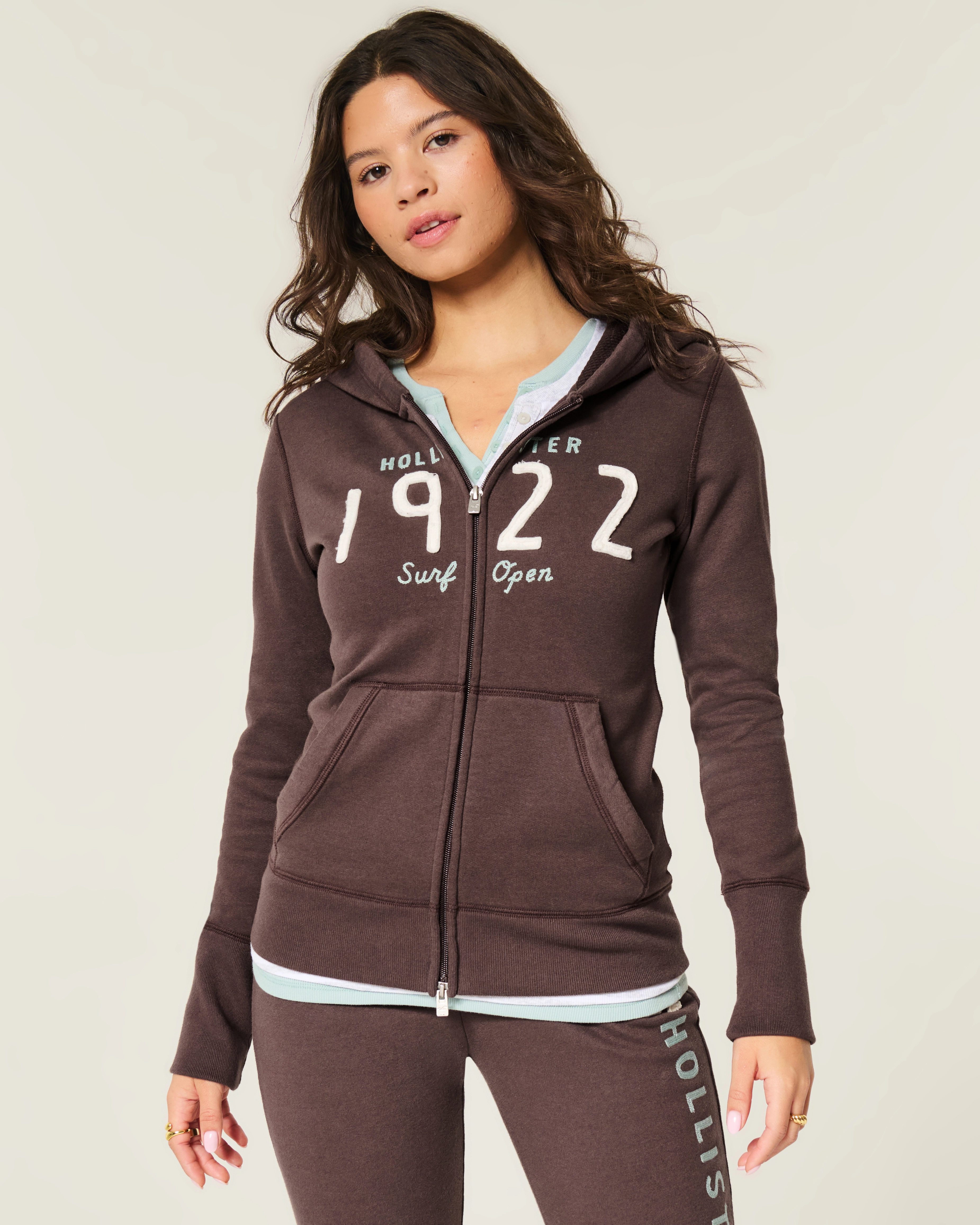 Hollister Feel Good Waffle Lined Hood Zip-Up Logo Graphic Hoodie