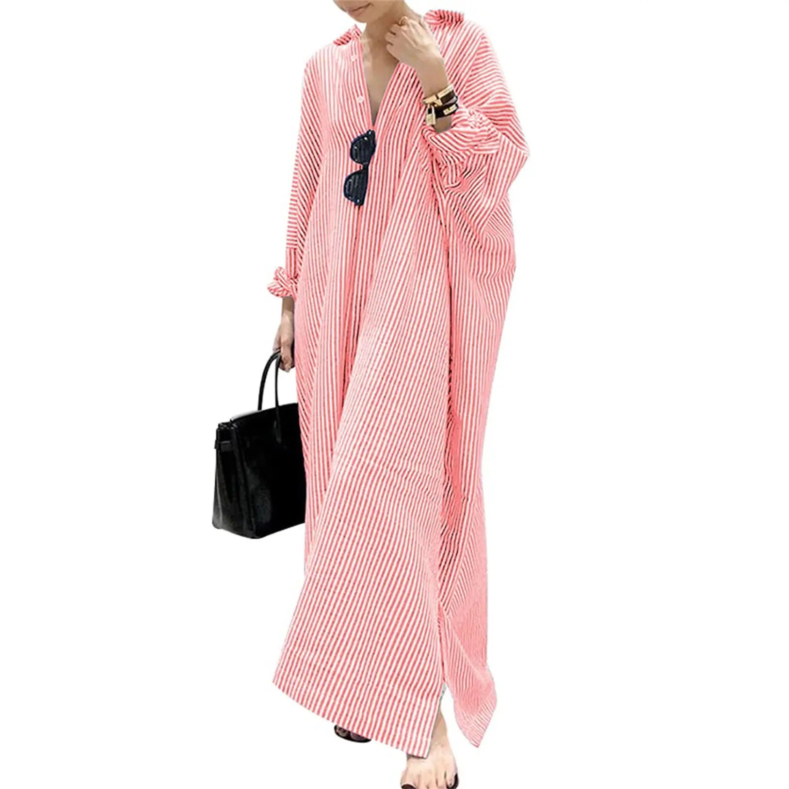 Women's Casual Long Sleeve Button Down Loose Striped Cotton Maxi Shirt Dress – Batwing Sleeves Breathable Lightweight Beach Caftan