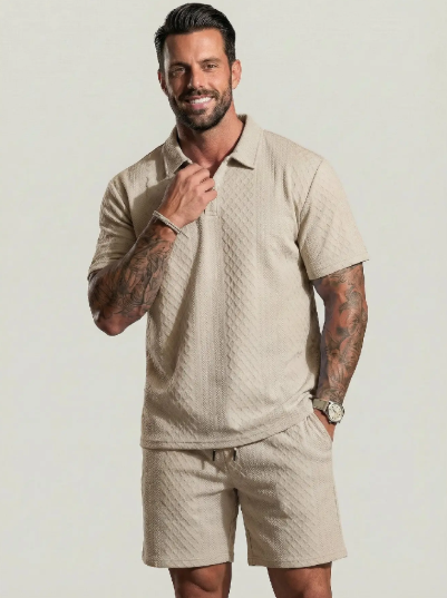 Men's Solid Polo Shirt & Drawstring Waist Shorts Set Cozy Breathable Two-piece
