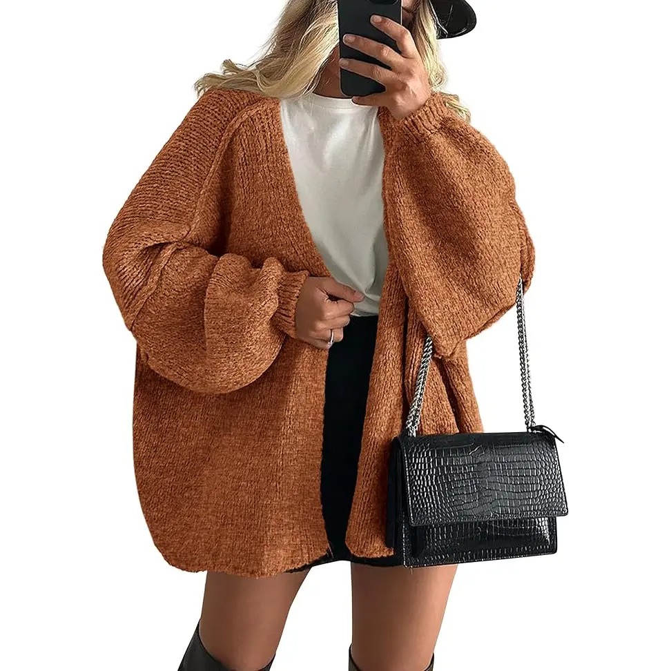 Women's Oversized Open-Front Cardigan – Long Lantern Sleeve Lightweight Knit