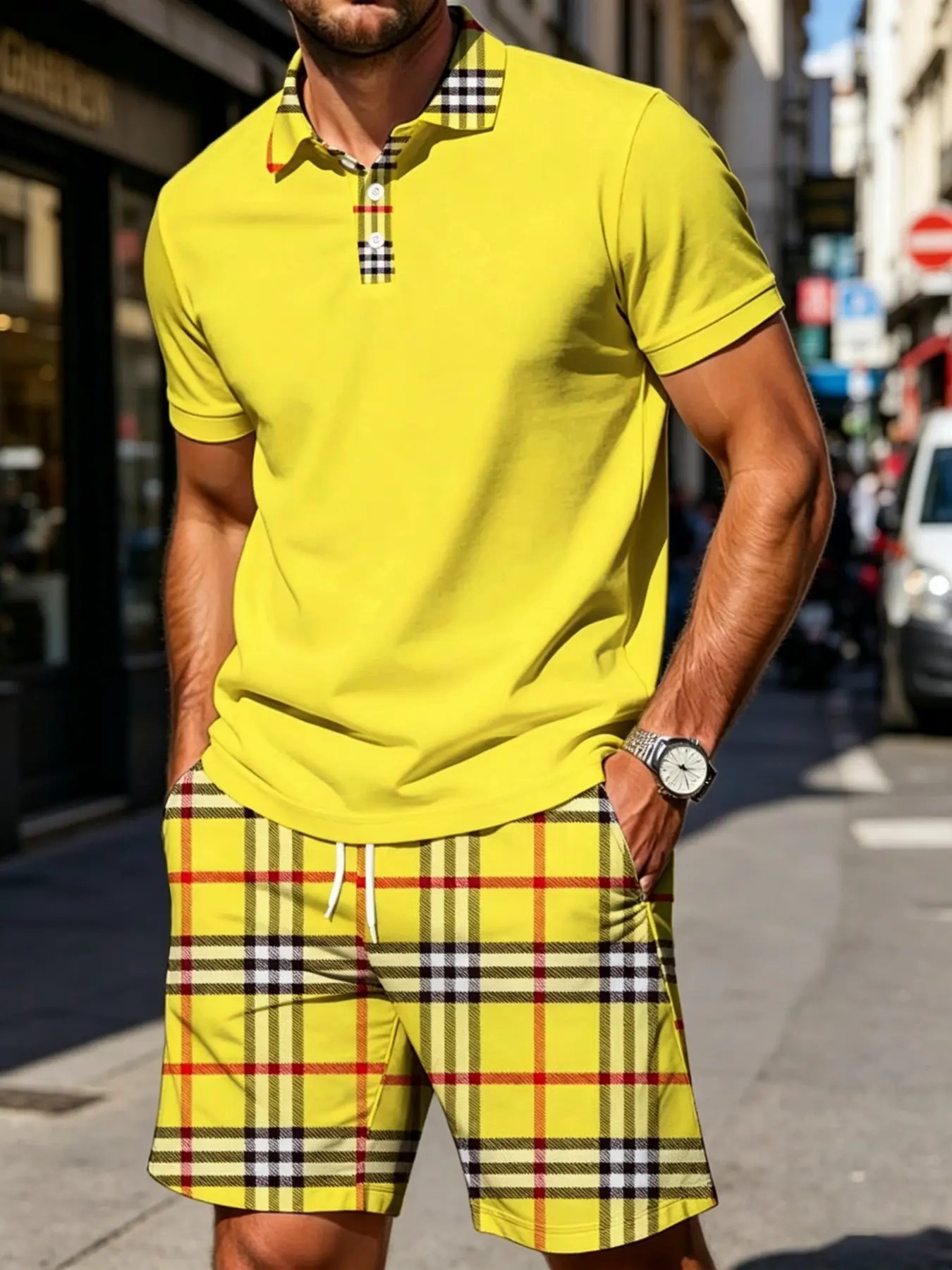Men's Plaid Polo Shirt & Shorts Set – Casual Summer 2-Piece Outfit with Pockets