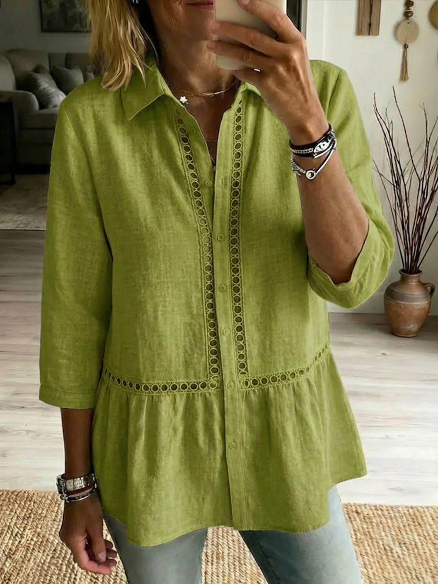 Women’s Casual Patchwork Openwork Webbing Linen And Cotton Shirt