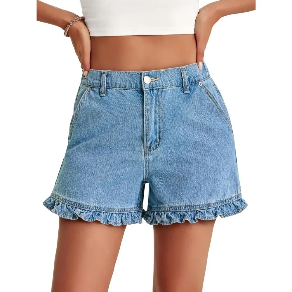 Womens Summer Ruffle Denim Shorts Cute High Waisted Cotton Short Jeans with Pockets