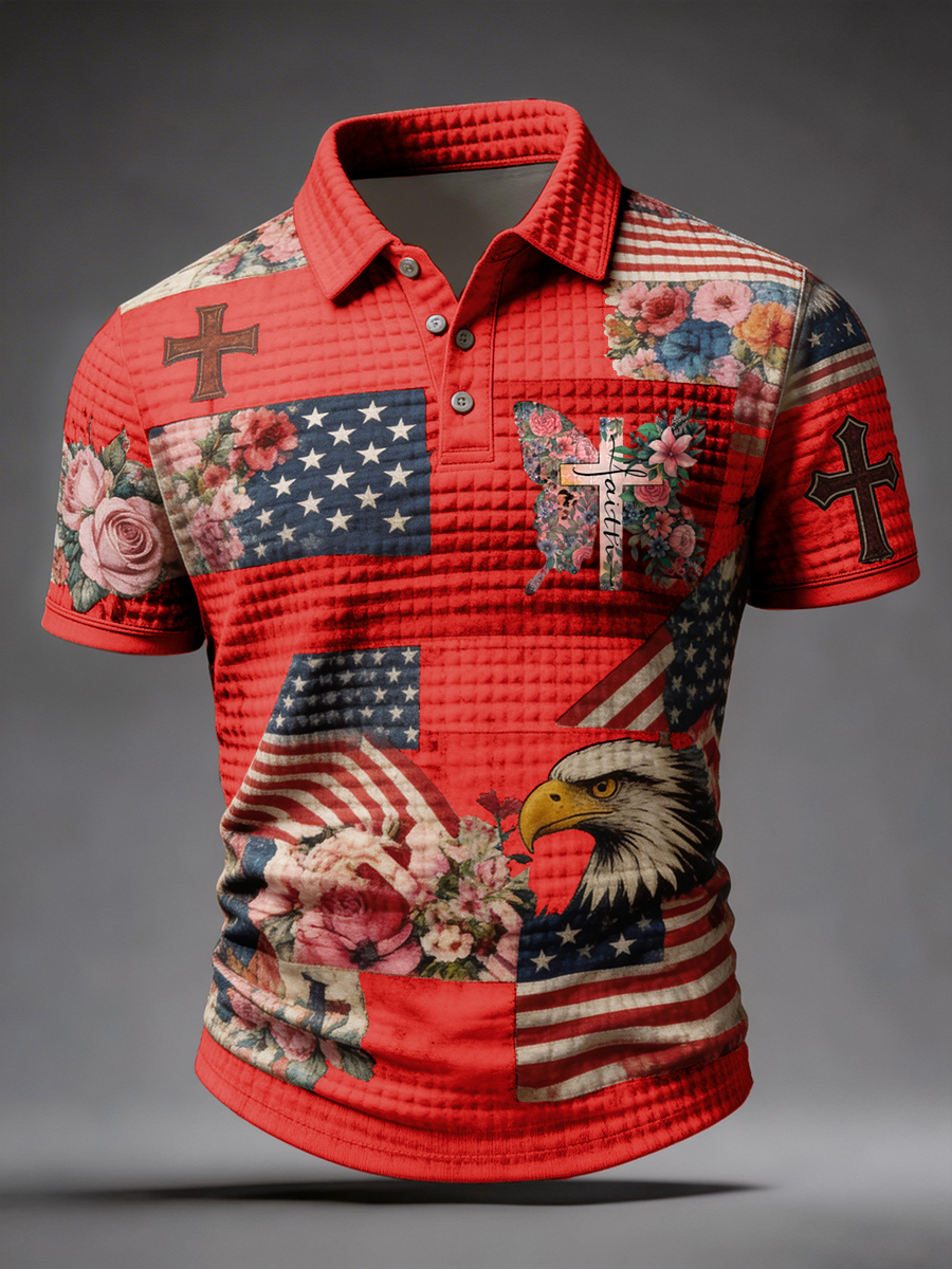 Patchwork American Flag Eagle Faith Cross Waffle Polo Shirt