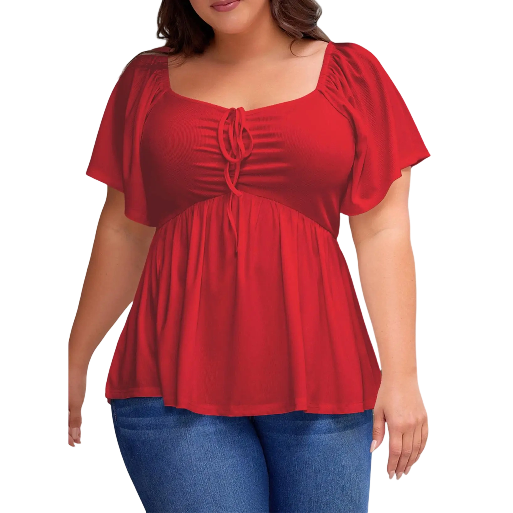 Women Plus Size Sweetheart Neck Short Sleeve Shirred Peplum Rib Blouse Tops Shirts