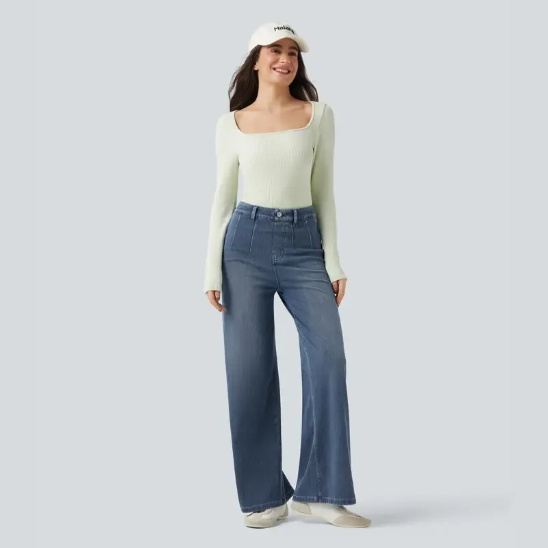 Halara Flex High Waisted Tummy Control Wide Leg Casual Jeans with Pockets