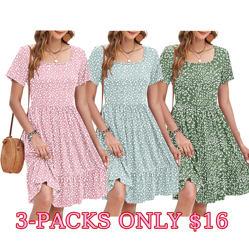 Women’s Square Neck Ruffle Summer Dress with Pockets