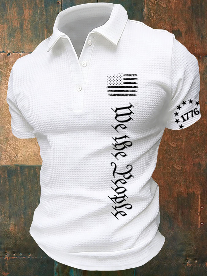Men'S American Flag Independence Day Print Waffle Polo Shirt