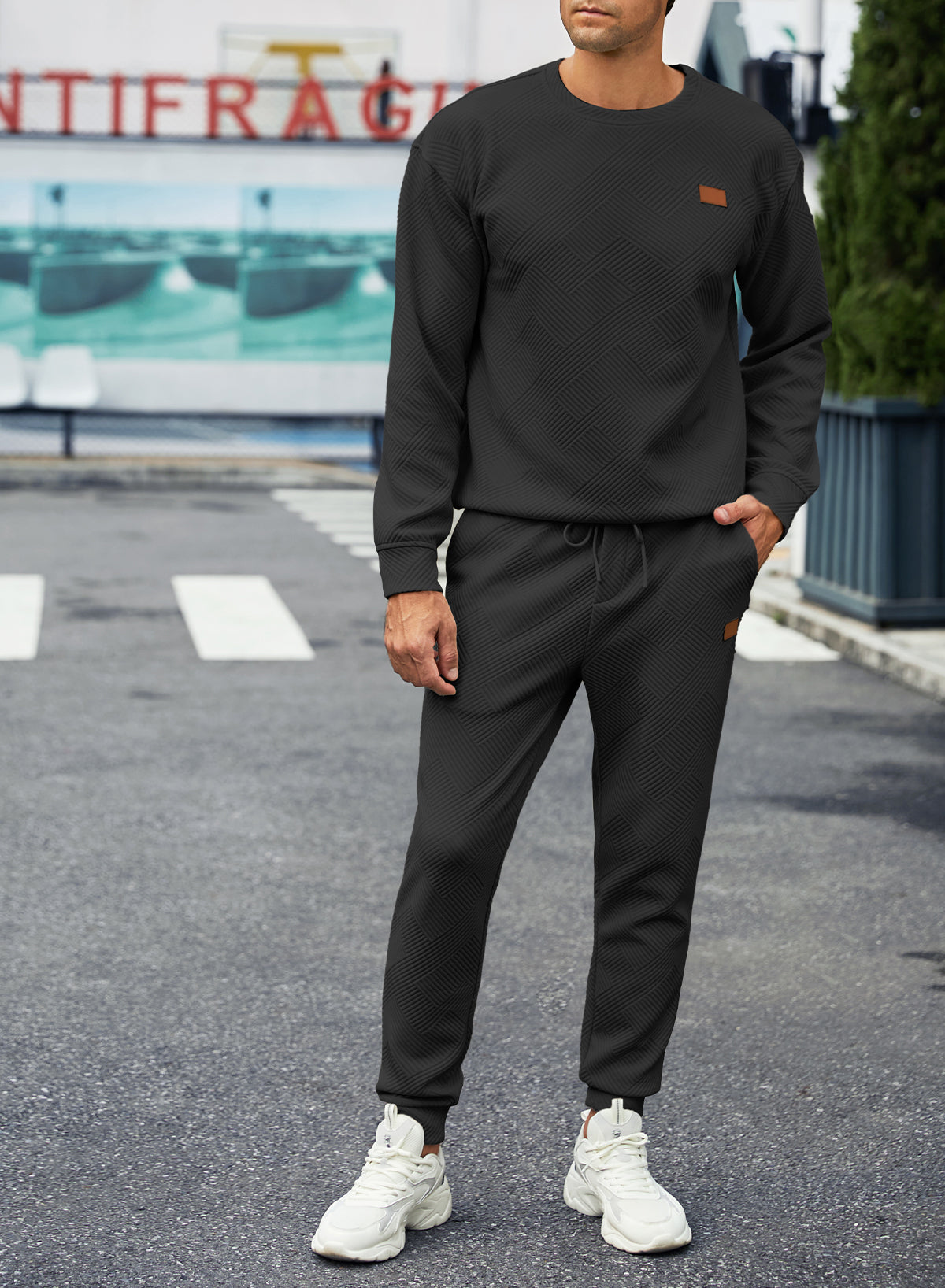 Men's 2 Piece Outfits Knit Jacquard Pullover Sweatshirt Tracksuit & Joggers Sweatpants Sweatsuit Sets with Pockets