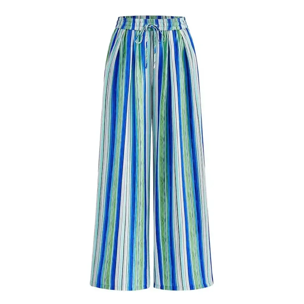 Women's Pants Elastic Waist Striped Lightweight Palazzo Trousers With Pockets Casual Lounge Wide Leg Bottoms