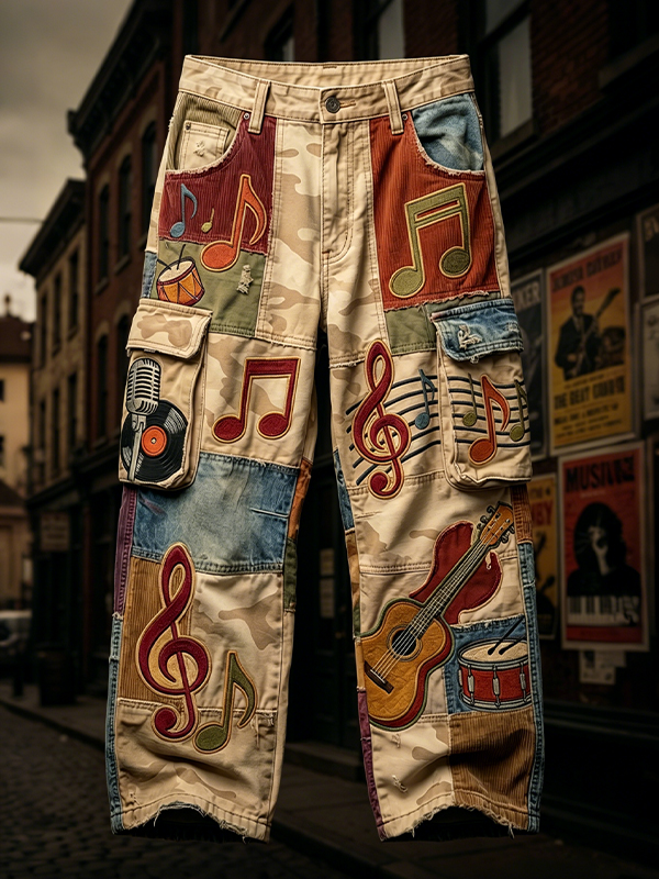 Men's Retro Vinyl Record Microphone Guitar Camo Print Casual Cargo Pants