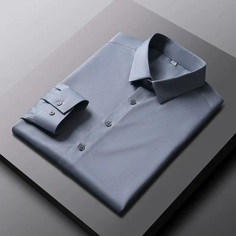 2025 New Elastic Silk White Shirt Men'S Long Sleeve Iron-Free Solid Color Breathable Casual Slim Business Men'S Shirt