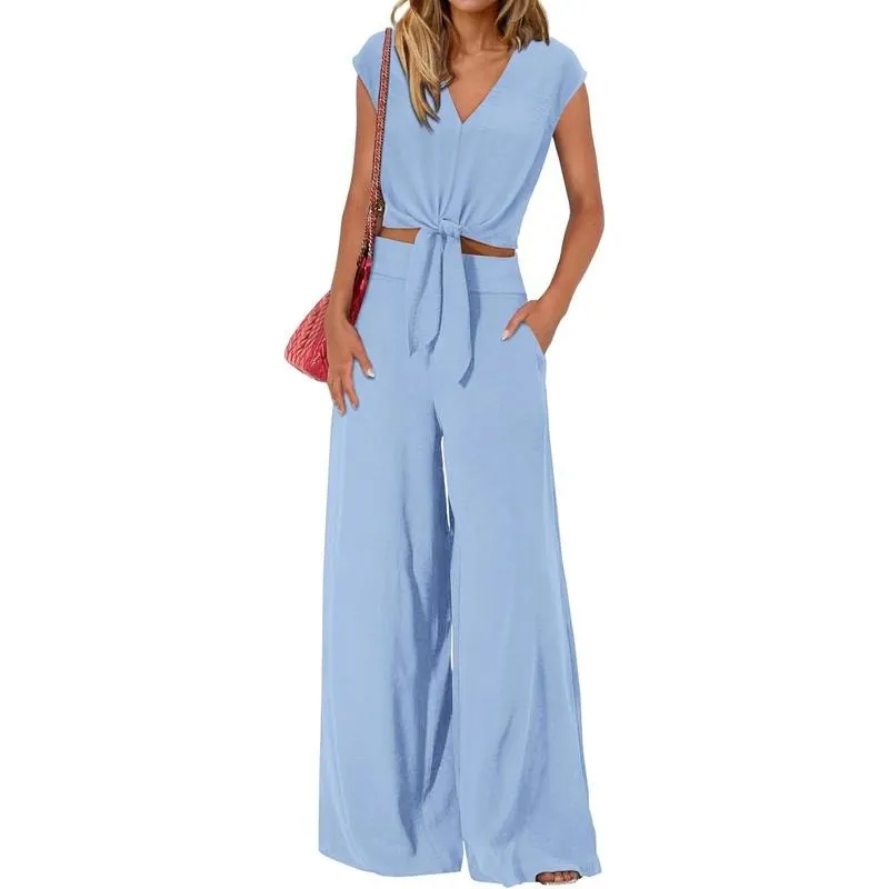 Women's Summer 2 Piece Outfits Cap Sleeve V Neck Belted Crop Tops Wide Leg Pant Sets