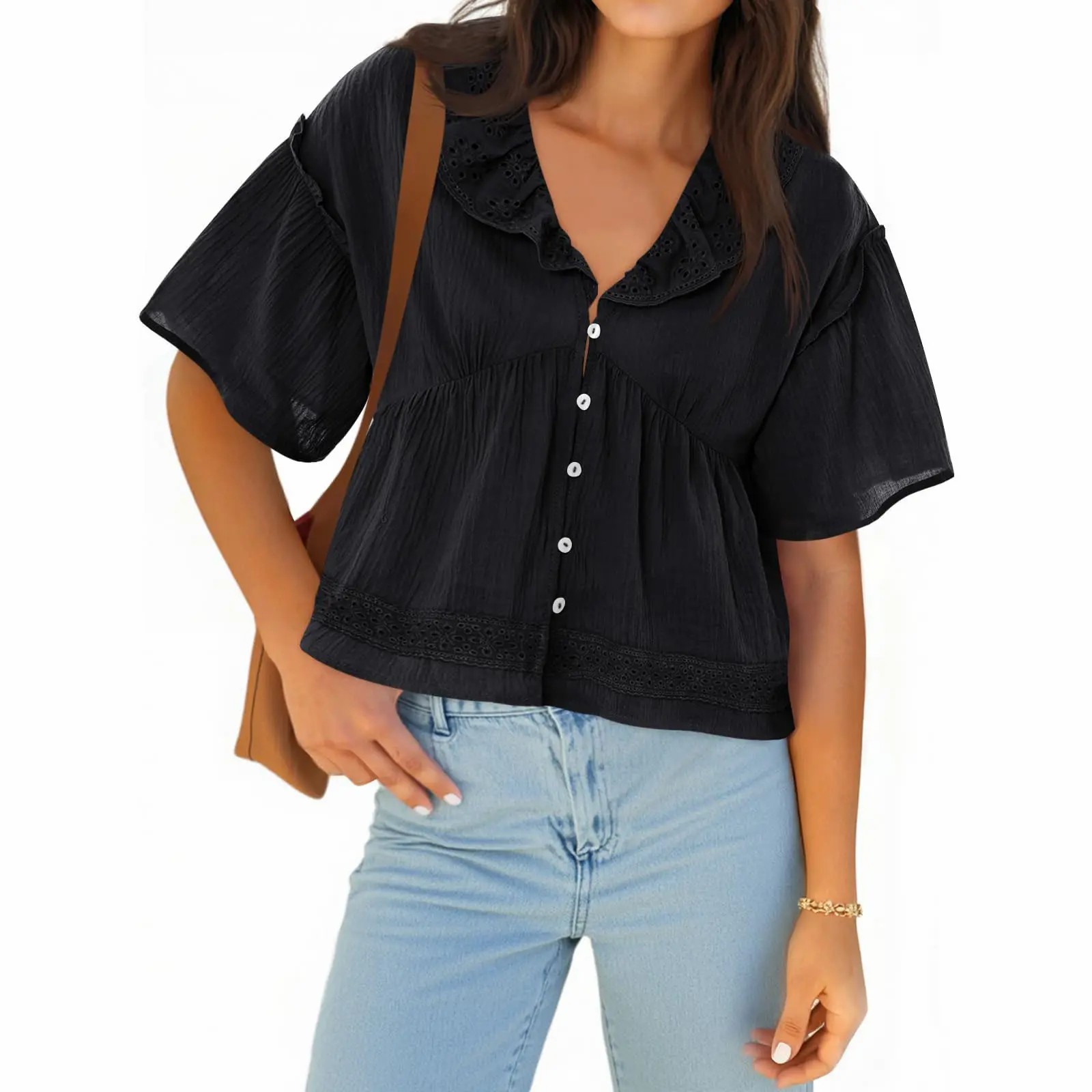 Women's Cropped Babydoll Top – V Neck Eyelet Blouse with Ruffle Sleeves & Button Front