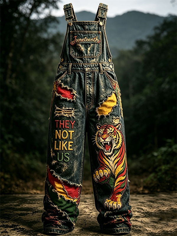 Men's Juneteenth 1865 They Not Like Us Tiger Print Overalls Jumpsuit
