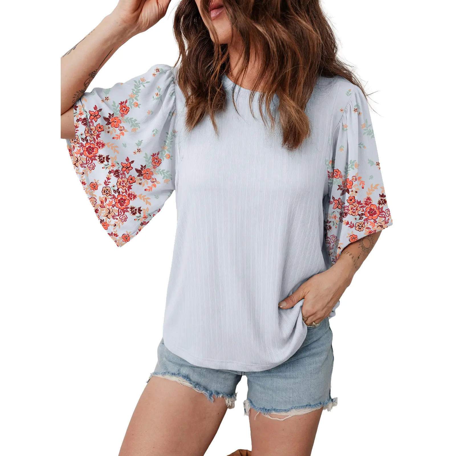 Women's Bohemian-Style T-Shirt Top — Crew Neck, 3/4 Sleeves