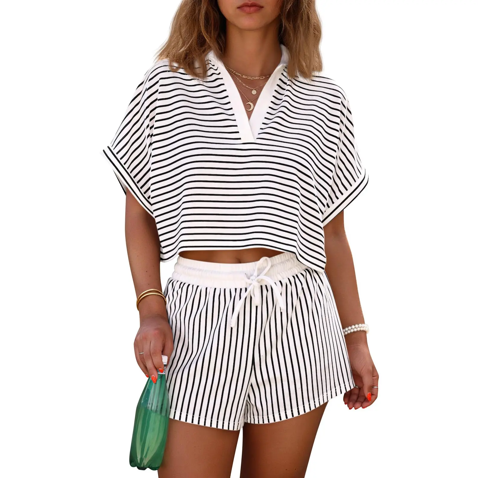 Womens Striped 2 Piece Short Sets