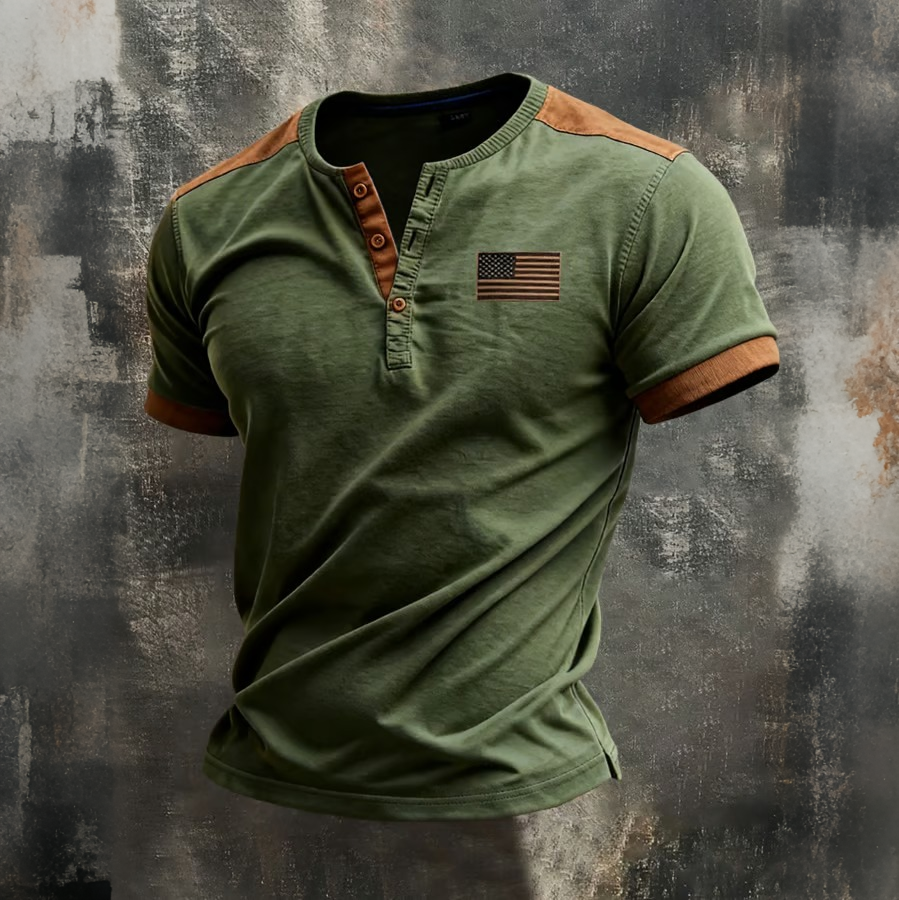 Men'S Retro American Independence Day Printed Casual Henley Neck T-Shirt