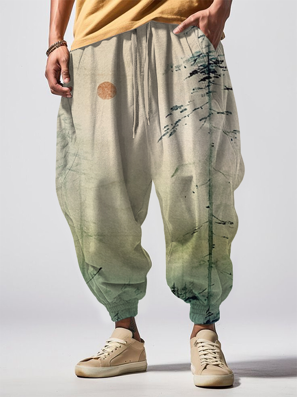 Men's Mountain Sunrise Painting Print Casual Loose Sweatpants