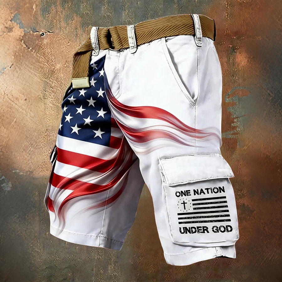 Men'S Retro American Flag Independence Day Multi Pocket Printed Workwear Shorts (Without Waistband)