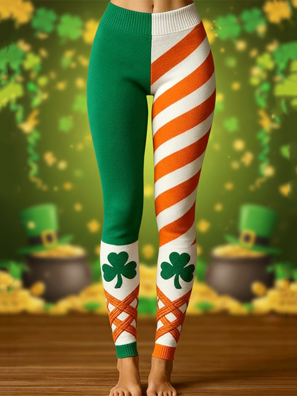Women's St Patrick's Day Shamrock Stripe Contrast Art Print Casual Leggings