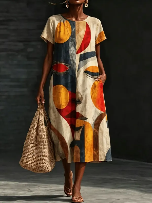 Women's African Art Abstract Face Print Short Sleeve Dress