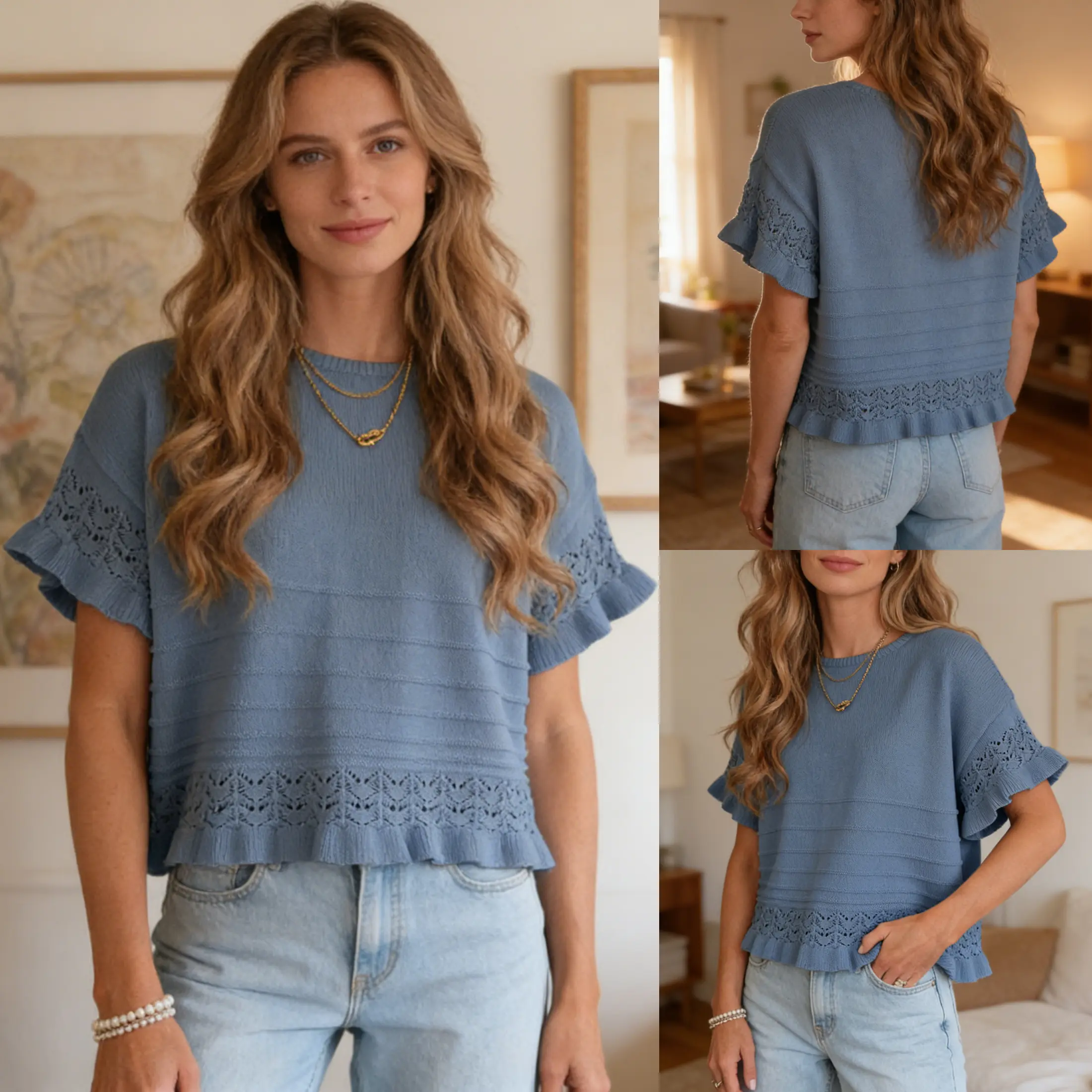 Womens Short Sleeve Sweater Round Neck Ruffled Hem Knit Crochet Pullover Casual Top Blouse Springfresh Summer Outfit Summervibes