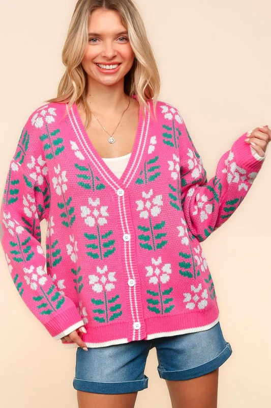 Fancy  Floral Jacquard V-Neck Button Up Cardigan