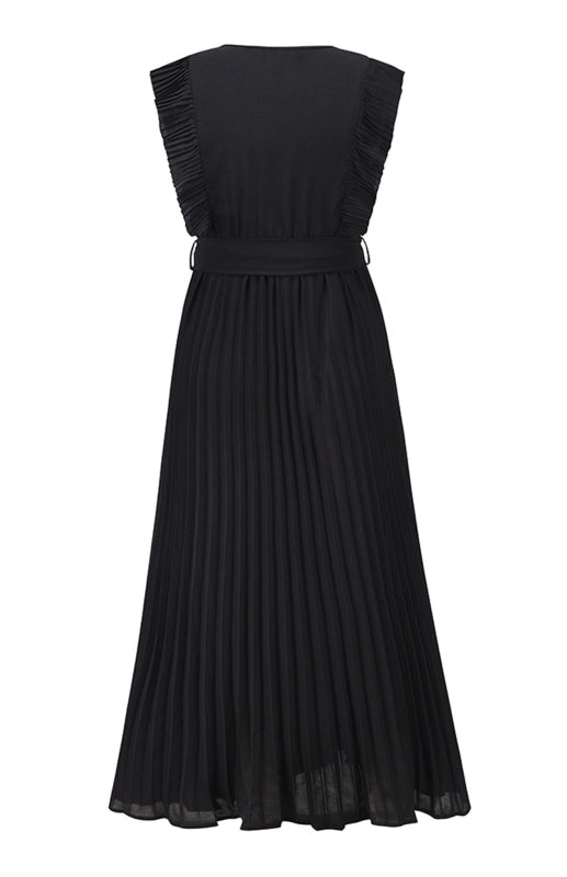 Slim Fit Lotus Leaf Sleeve Chiffon Pleated Skirt Solid Color Dress