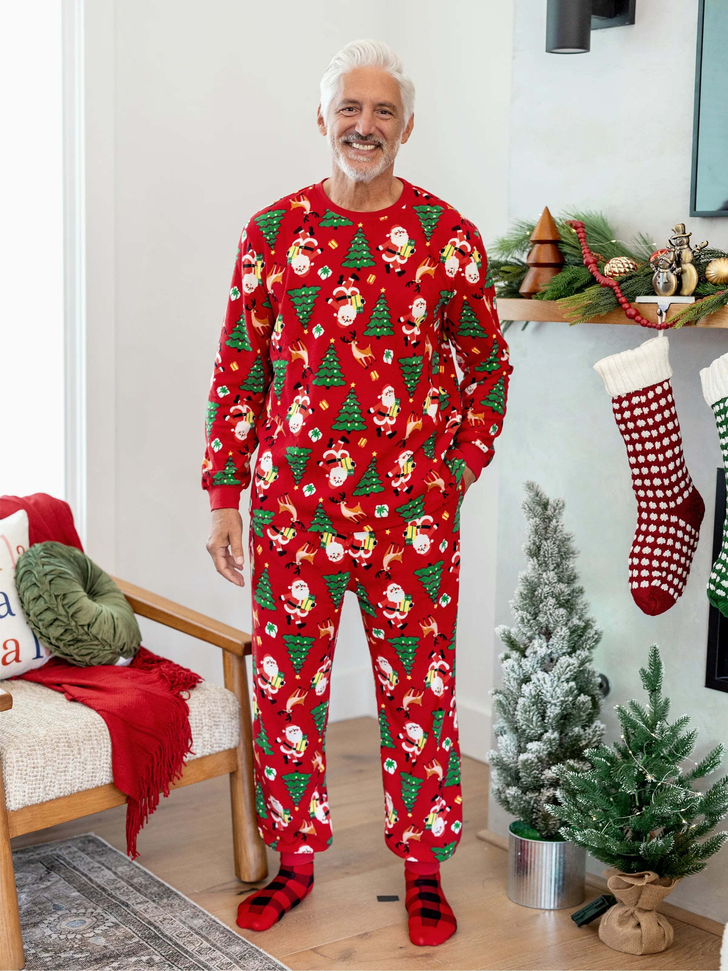 Christmas Matching Family Pajamas Set Santa Claus and Christmas Tree Print Red Fleece PJS with Christmas Socks Red