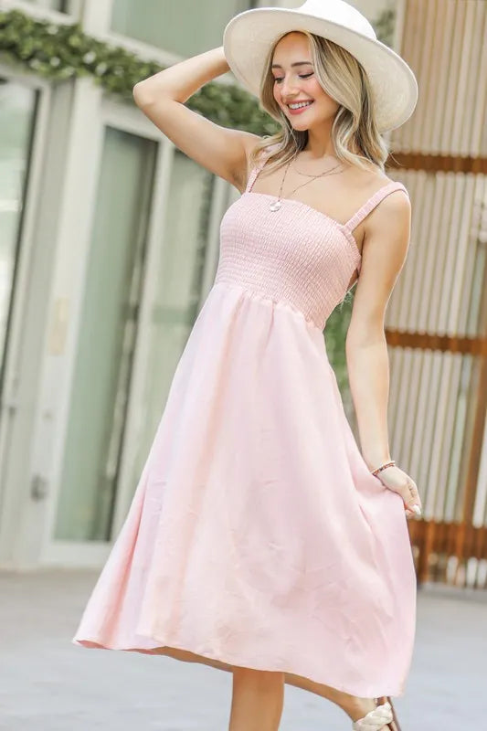 Smocking Open-Back Sleeveless Midi Dress