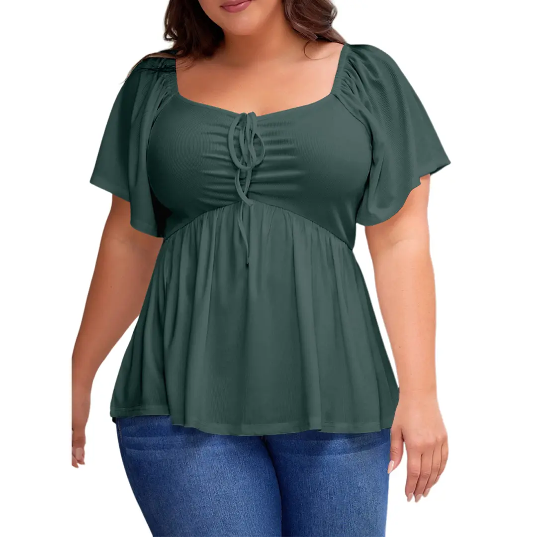 Women Sweetheart Neck Short Sleeve Shirred Peplum Rib Blouse Tops Shirts