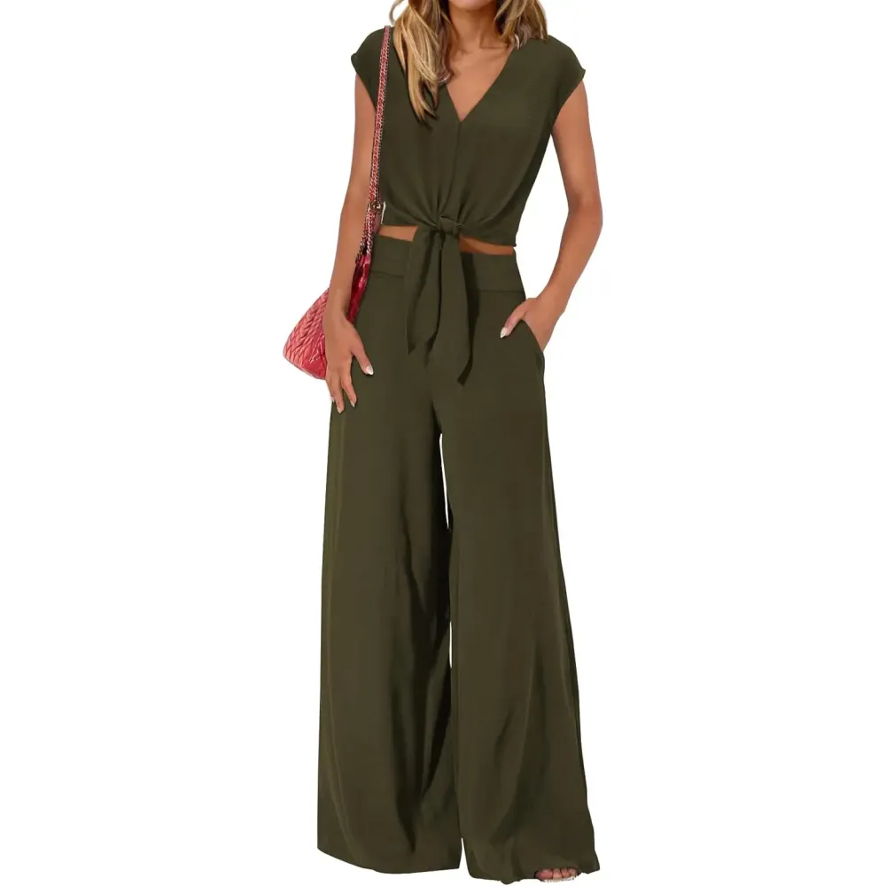 Women's V-Neck Tie Waist Crop Top & Wide Leg Pants 2-Piece Set